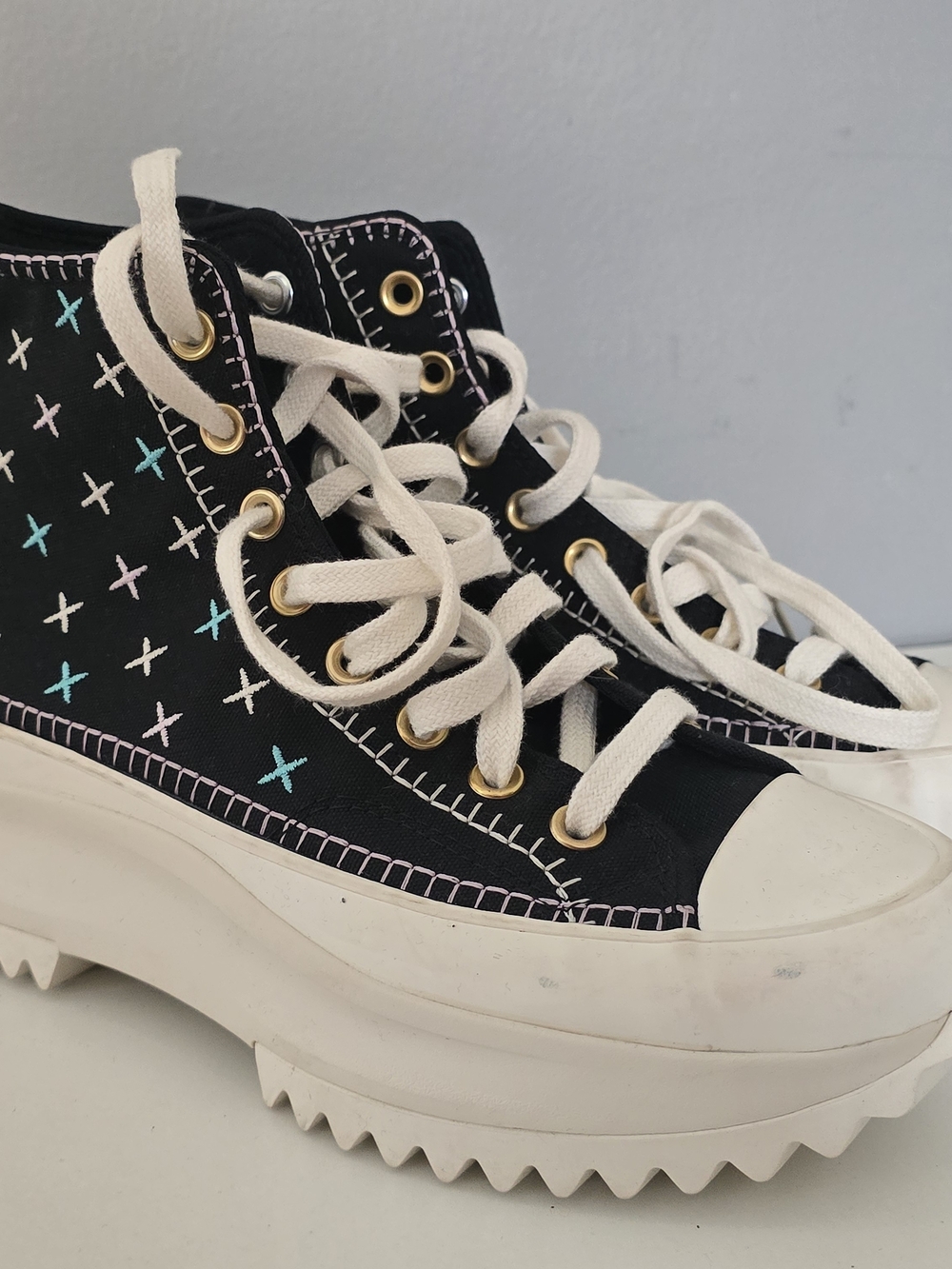 Converse Black High-Top Platform Sneakers with Pastel Cross-Stitch